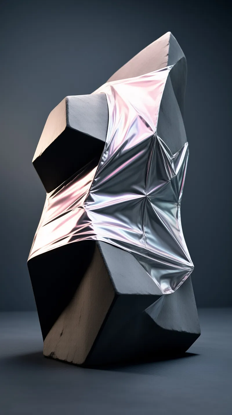 An abstract metal object with a shiny iridescent center sits on a dark surface against a grey background.