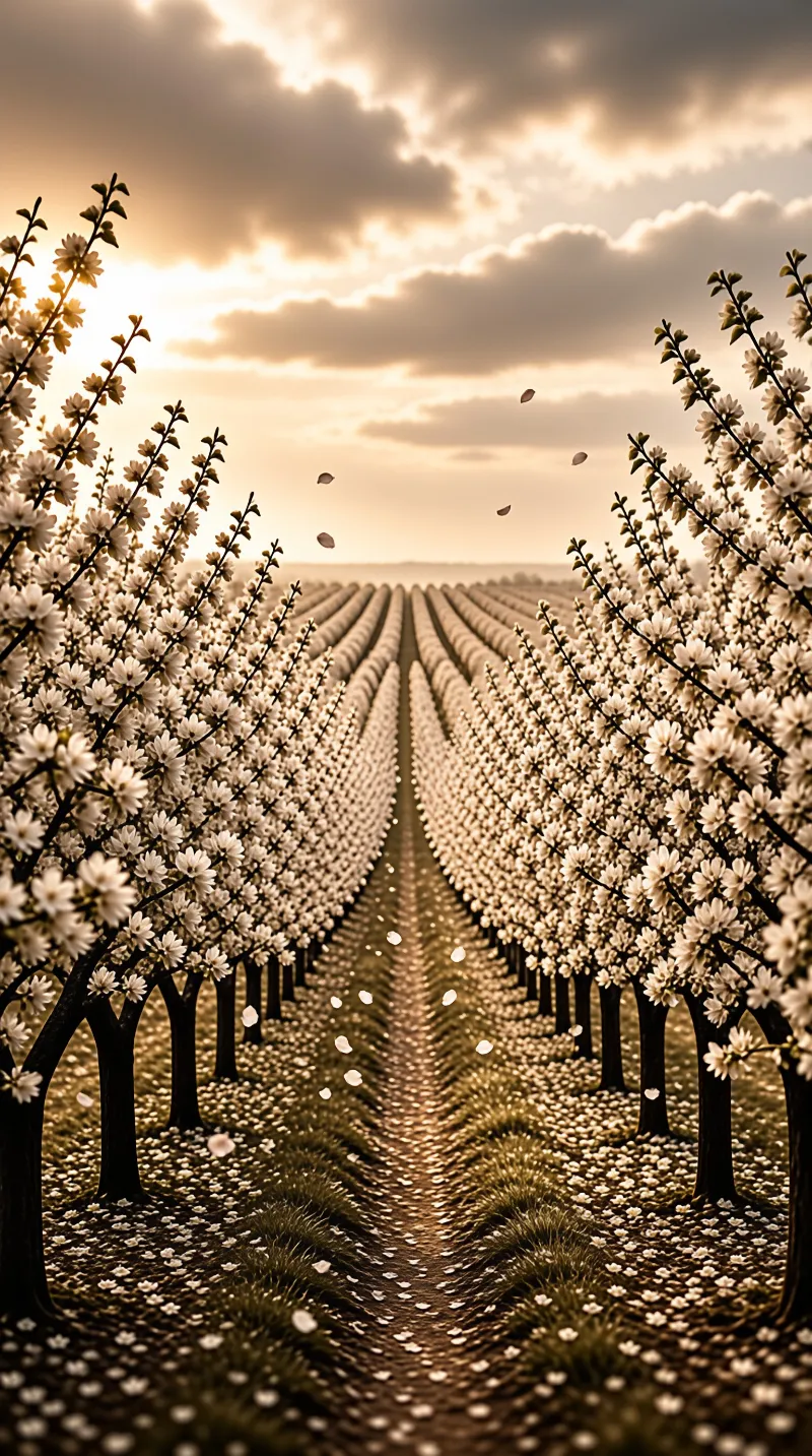 Rows of fruit trees covered in white flowers stretch toward the horizon beneath a cloudy sky glowing with warm sunset light.
