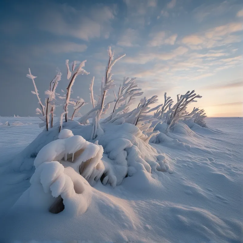 Tall stems coated in rime ice stand against a soft sky during a cold winter sunrise over a frozen plain.