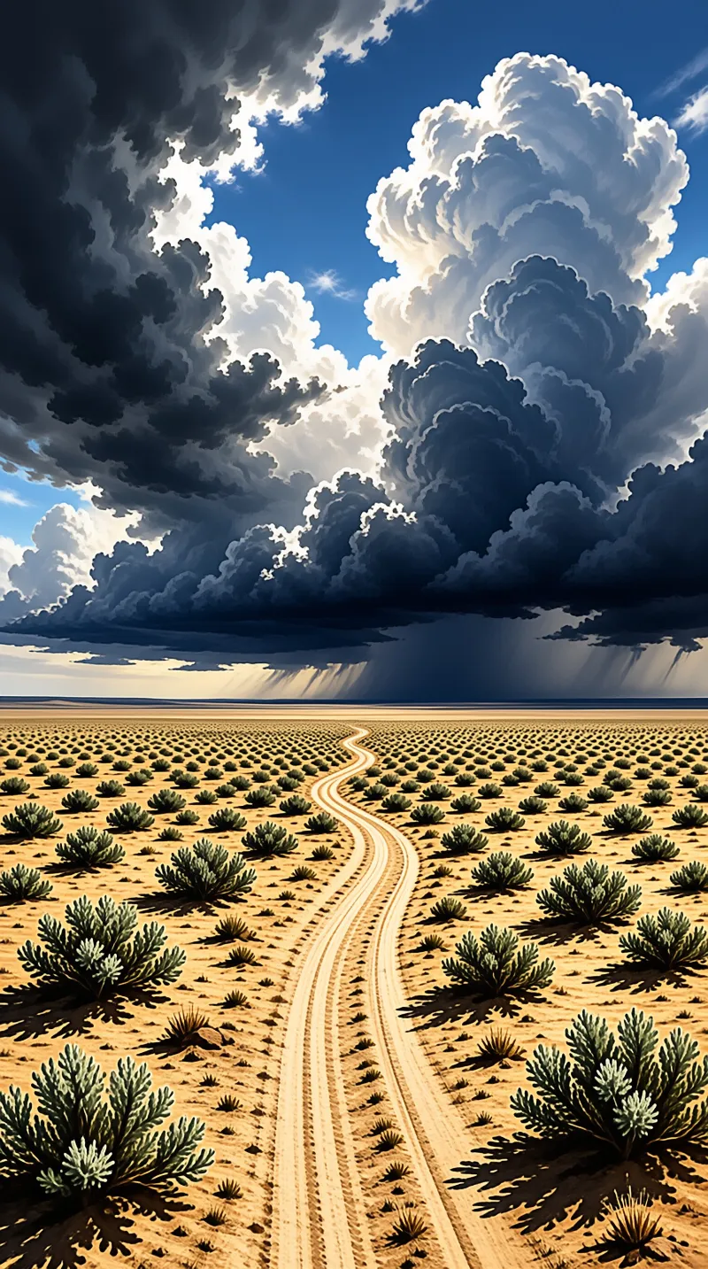A winding dirt path curves through golden desert scrub beneath towering clouds with sunlight rays piercing the dark grey atmosphere.