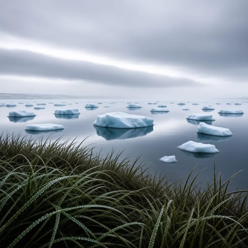 Small blue icebergs float across a calm grey lake with dew-covered grass in the foreground.