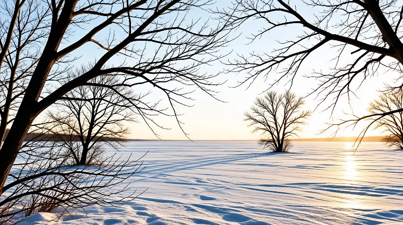 Leafless branches extend from the top and left edges to frame a vast expanse of snow-covered ground reflecting the golden light of a low sun while a solitary tree stands in the distance casting long blue shadows across the frozen surface.
