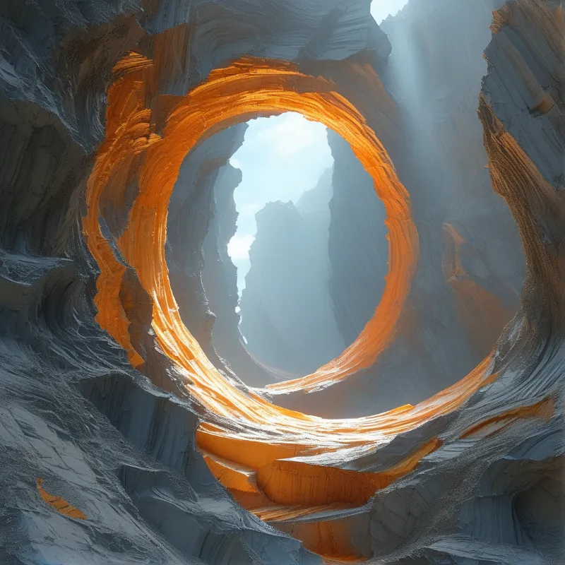A bright orange curved rock arch loops through striated gray canyon walls, with hazy pale sky visible at its center.