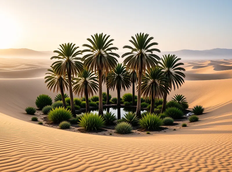 Green palm trees and shrubs stand within rippled sand dunes near a small reflective pool during golden hour light.