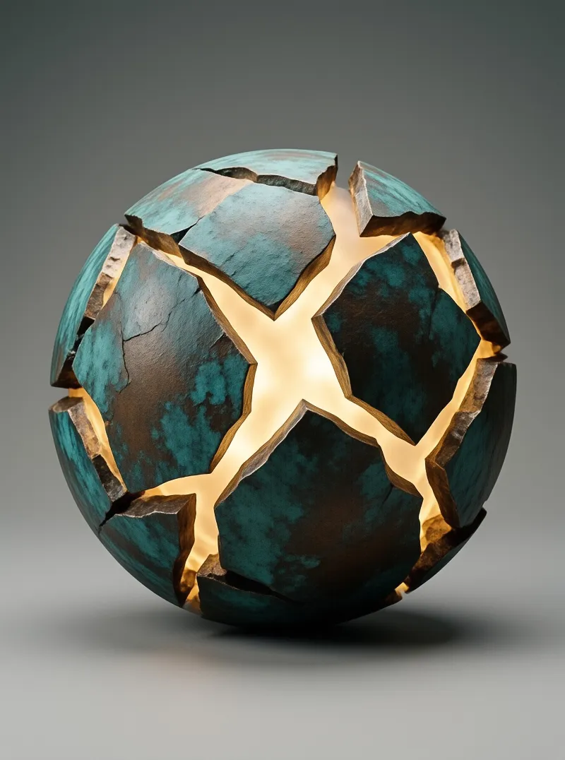A textured teal sphere sits on a grey backdrop with deep fractures exposing a glowing golden interior beneath the surface.