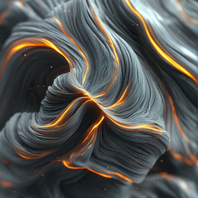 Cool gray fibrous masses curve around each other revealing bright orange glowing seams along their undulating ridges.