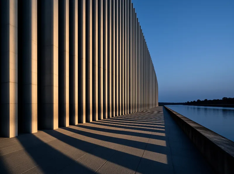Tall concrete pillars line a waterfront path casting long striped shadows during the blue hour.
