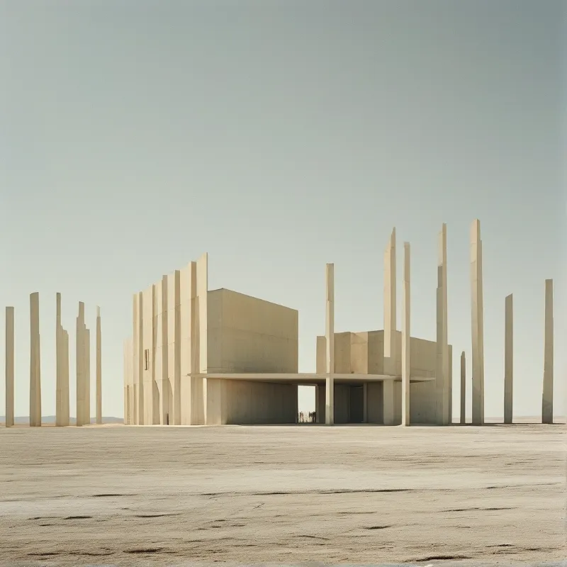 Slender pale monolithic structures and rectangular concrete buildings sit on flat cracked desert ground under a hazy light overcast sky.