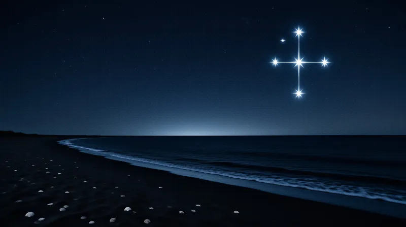 A brilliant cross of stars shines over a calm dark sea and a shell-strepped night beach.
