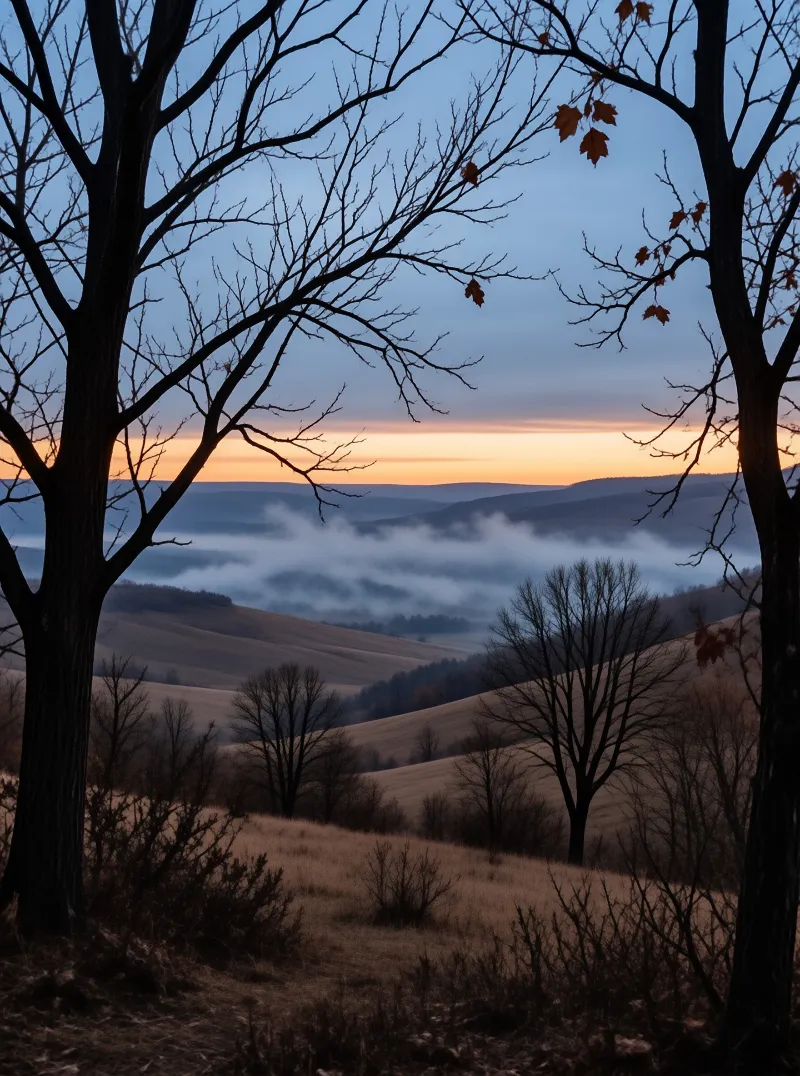 Leafless branches border a landscape of misty valleys where fog settles below an orange and blue evening sky.