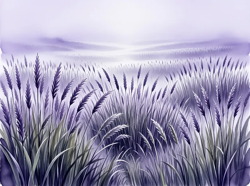 Soft purple seed heads of tall grass rise through a pale fog painted in gentle watercolor washes.