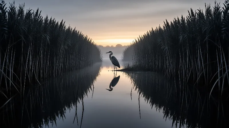 A grey heron in profile is mirrored in still water between dark reeds at a glowing horizon.