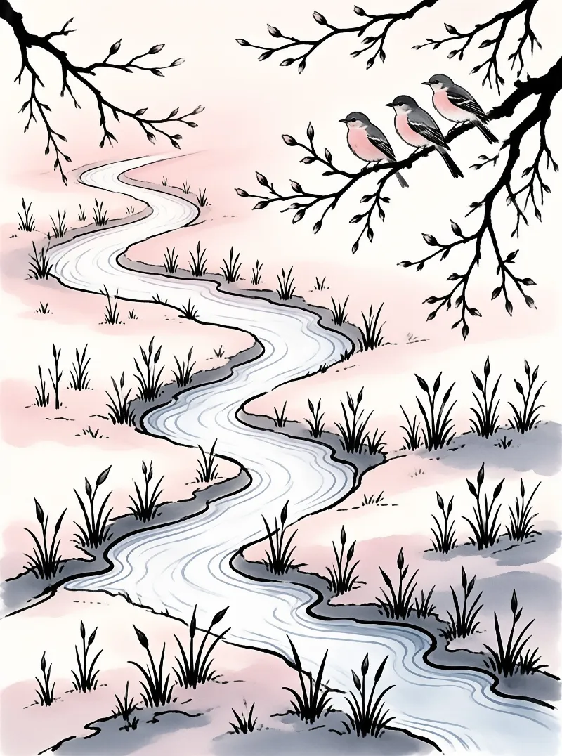 Pink breasted songbirds rest on blossoming twigs while a pale stream winds across the watercolor meadow