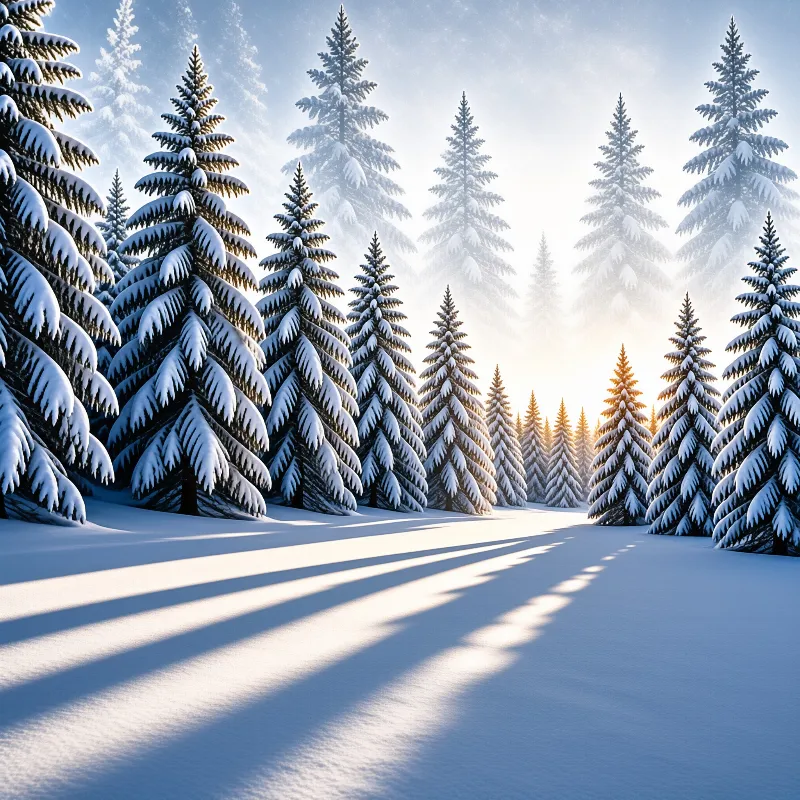 Tall evergreen trees heavy with snow stand in a bright winter landscape casting long shadows.