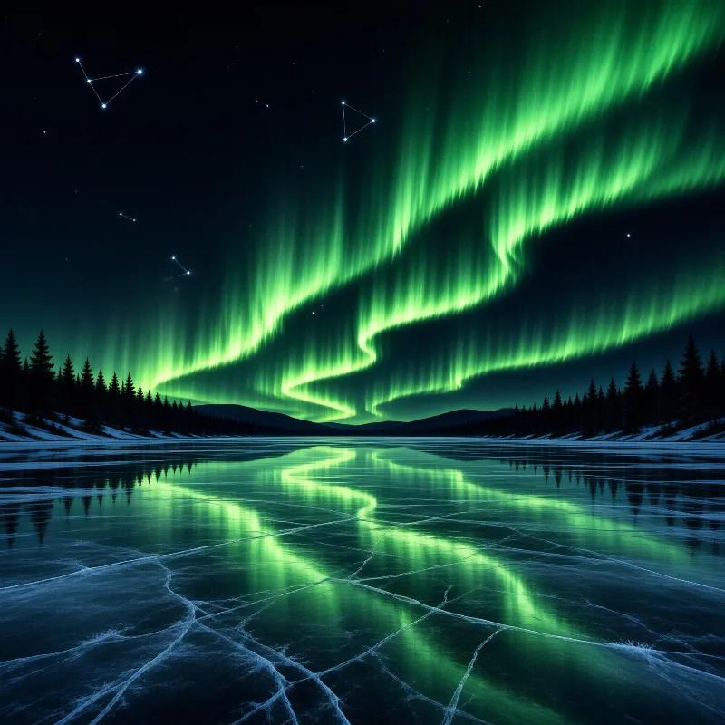 Bright green aurora ribbons stretch across the night sky above a forest and reflect on the cracked ice of a frozen lake.