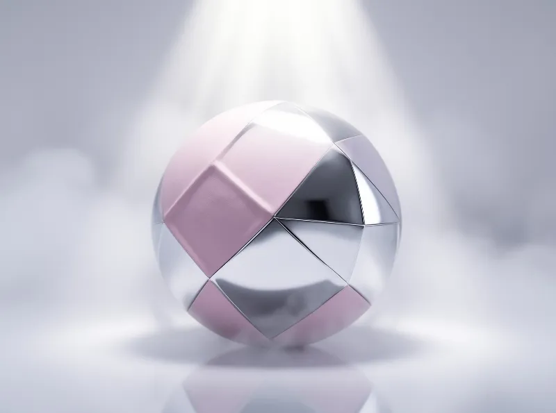 A faceted metallic sphere with pink panels rests on a mirror-like floor beneath an overhead spotlight.