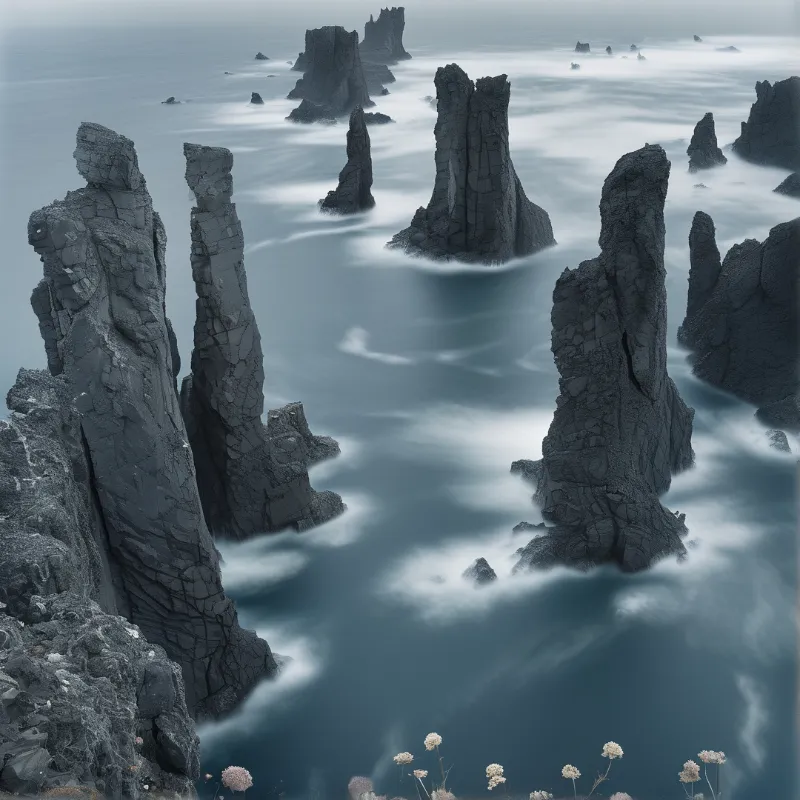 Tall jagged dark rock sea stacks rise from calm misty ocean water with soft smooth long exposure flow around their bases under hazy cool grey light