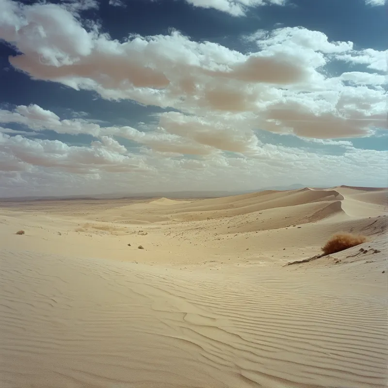 Golden sand dunes with wind ripples spread toward a flat horizon beneath a partly cloudy blue sky
