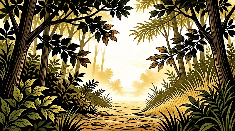 Stylized forest scene with a path leading to bright sunlight framed by dark trees and green leaves.