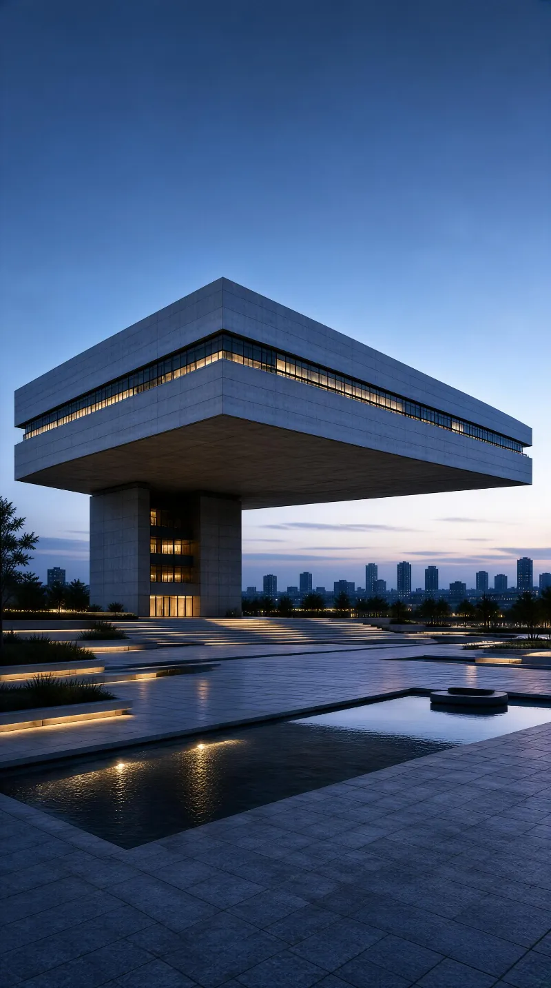 Modern Suspended Building at Dusk