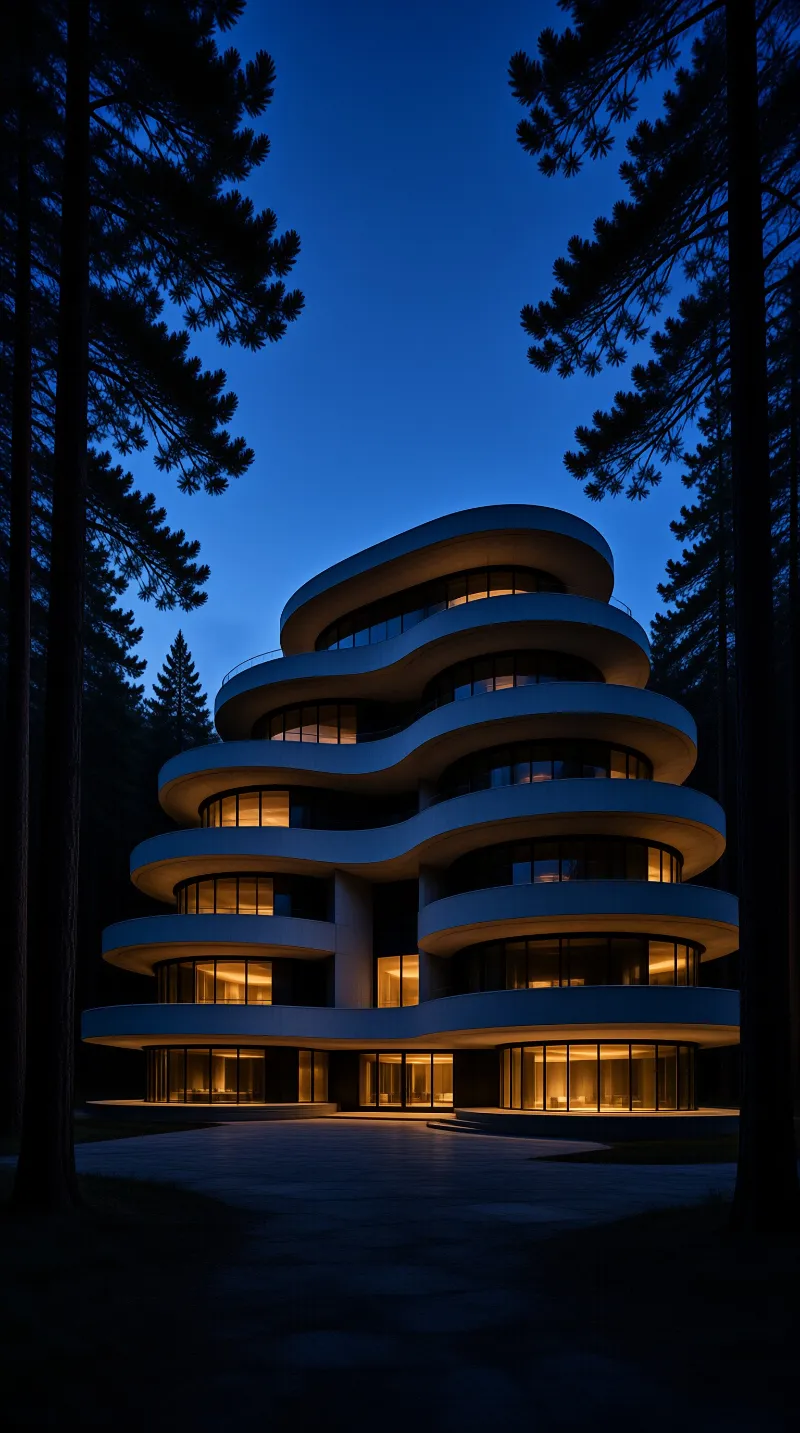 A curvilinear residence with windows emits warm golden light while nestled among dark pine trees under a deep blue sky.