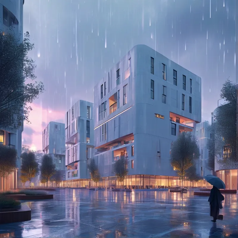 A person with an umbrella walks across wet pavement reflecting warm lights from a white building during a rainy dusk.