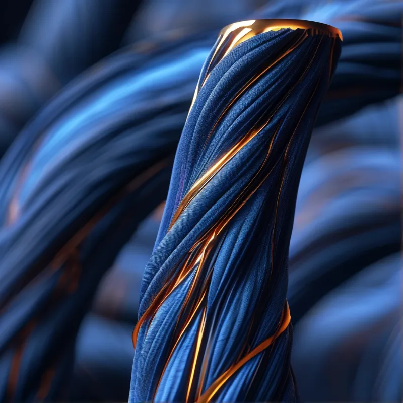 A macro render of spiraling navy textile strands threaded with gleaming copper filaments.