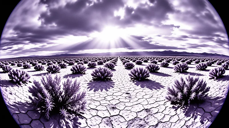 A vast cracked plain covered in rows of shrubs looks up toward sunbeams piercing a heavy purple sky.