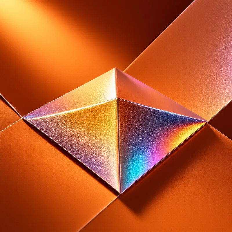A shiny faceted cube displays rainbow hues against a flat orange textured surface with distinct light shadows.