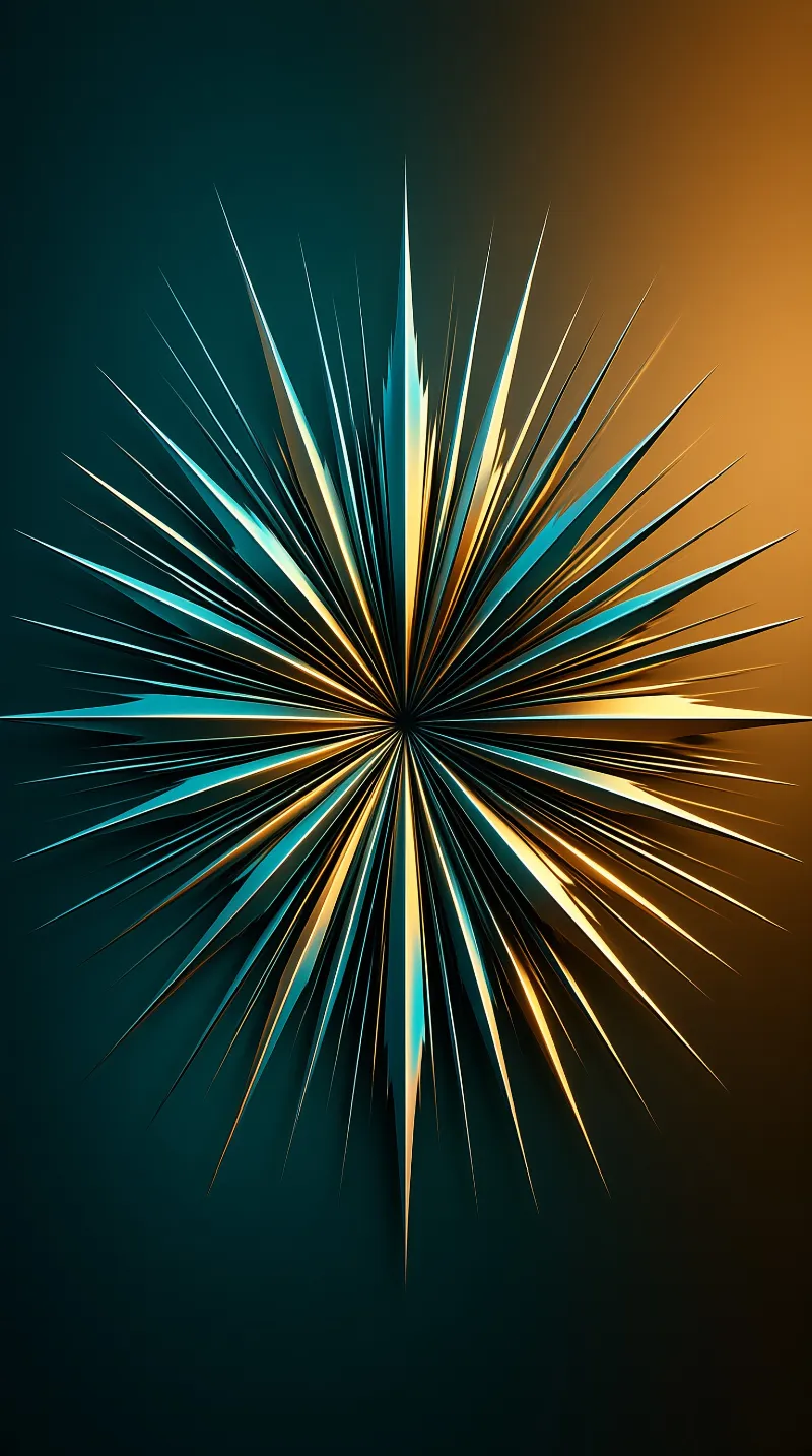 A burst of sharp glass shards radiating from the center against a teal and gold gradient background.