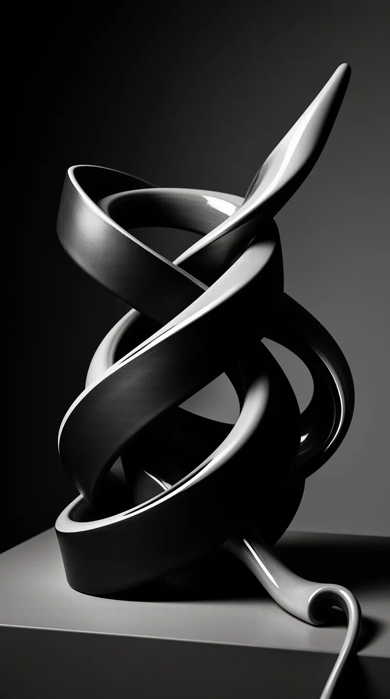 Curved bands coil around an unseen core, their glossy surfaces lit against a dark studio backdrop.