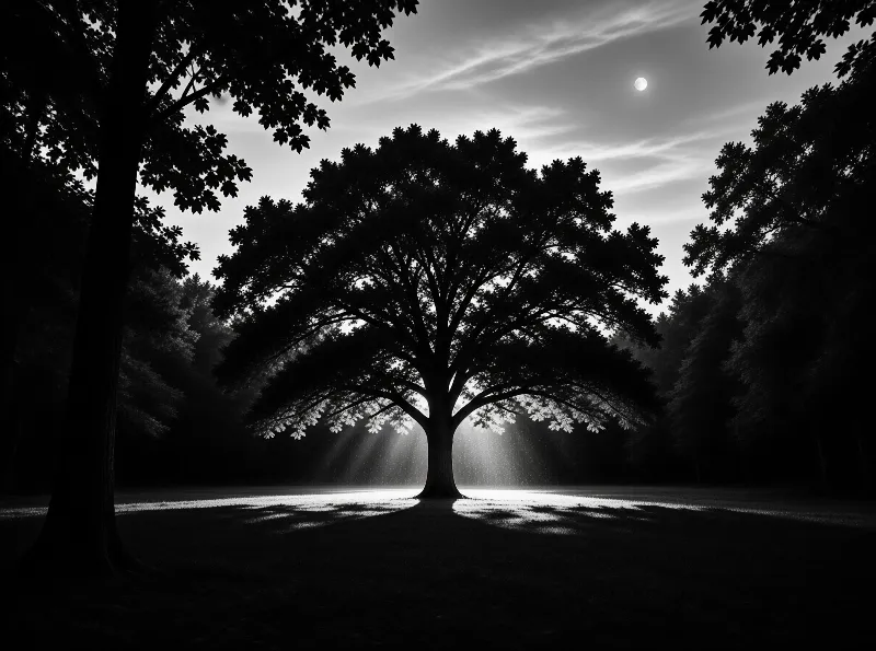 A large oak tree stands silhouetted in a dark forest clearing, backlit by moonlight rays shining through the sky.