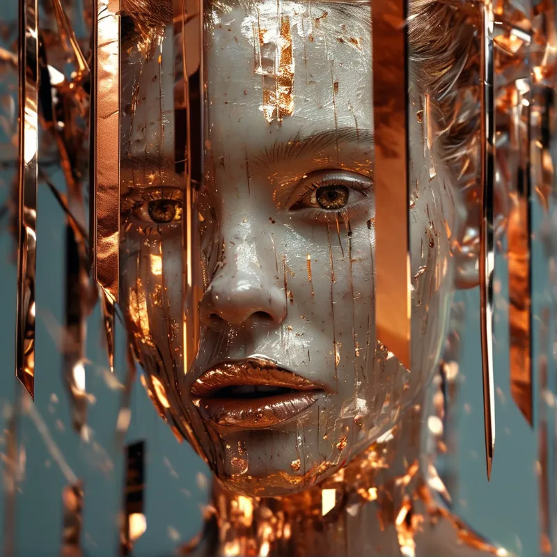 Close-up of a pale metallic face with realistic eyes, partly hidden by vertical copper shards against a blue grey background.