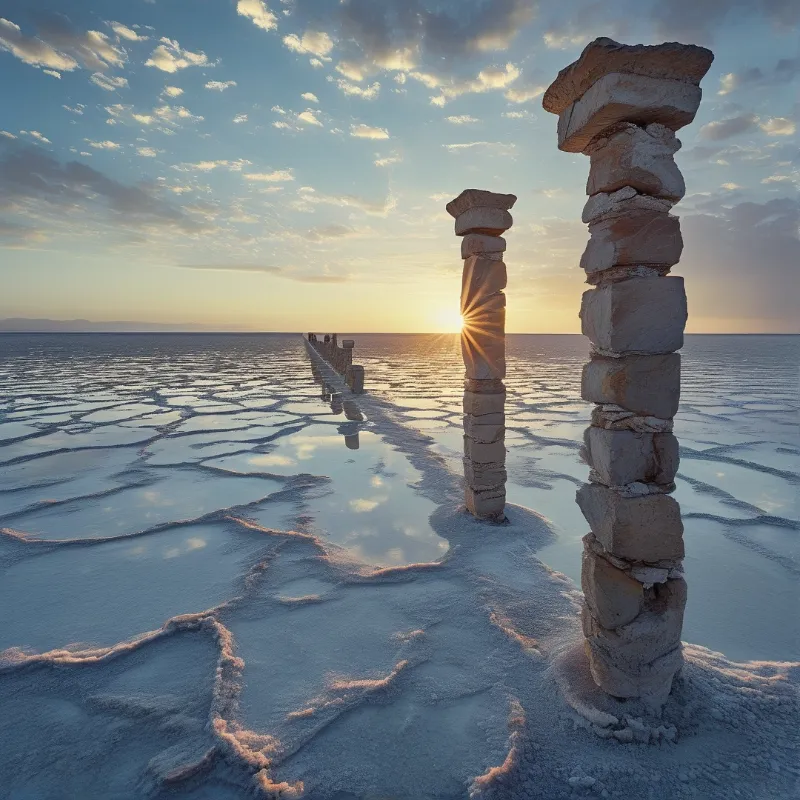 A row of stacked stone cairns stretches across a vast cracked salt flat under a bright sunrise sky.