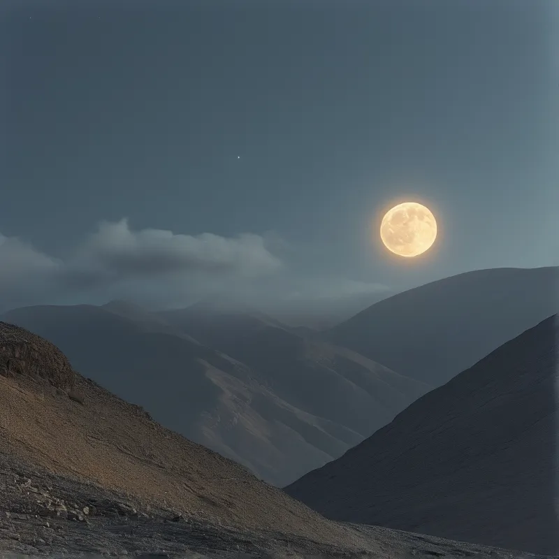 A luminous yellow orb hangs above dark rolling hills fading into blue twilight haze.