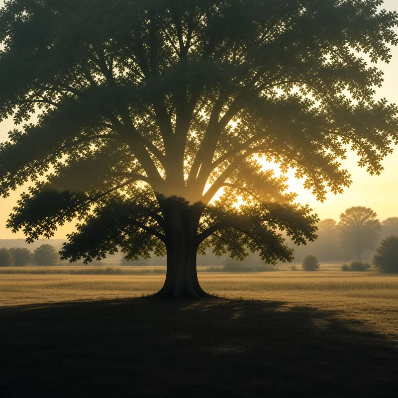 A large mature oak tree stands in an open grassy plain, warm golden sunrise light filters through its branches from behind.