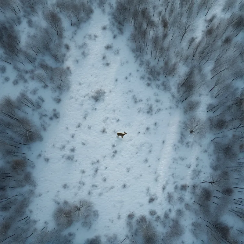 An overhead winter view shows a single deer crossing a snowfield ringed by bare frosted trees.