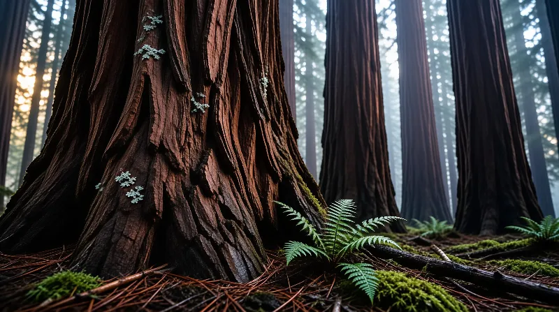 A massive tree trunk stands beside green ferns and moss as soft light filters through the misty forest trees.