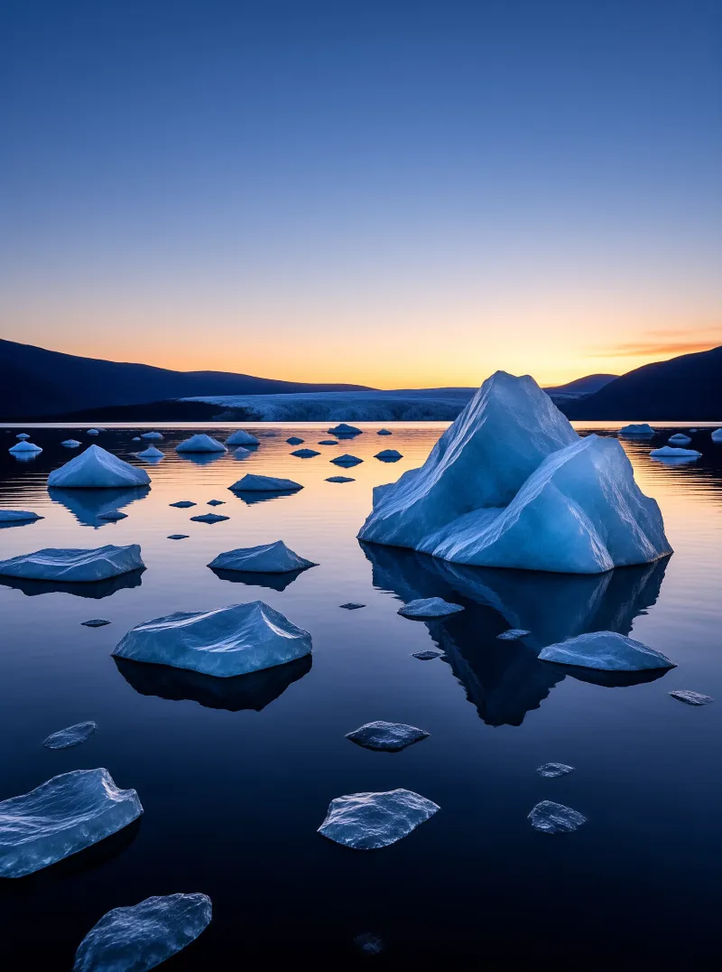 Blue Icebergs at Sunset