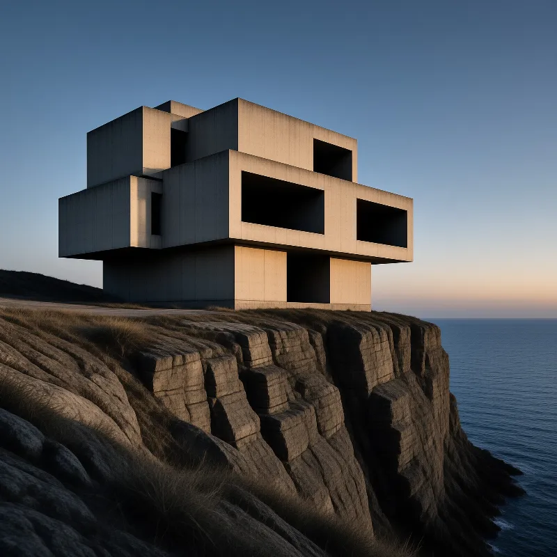 Stacked geometric concrete volumes sit on a rocky seaside cliff in warm dusk light, looking out over calm blue ocean waters.