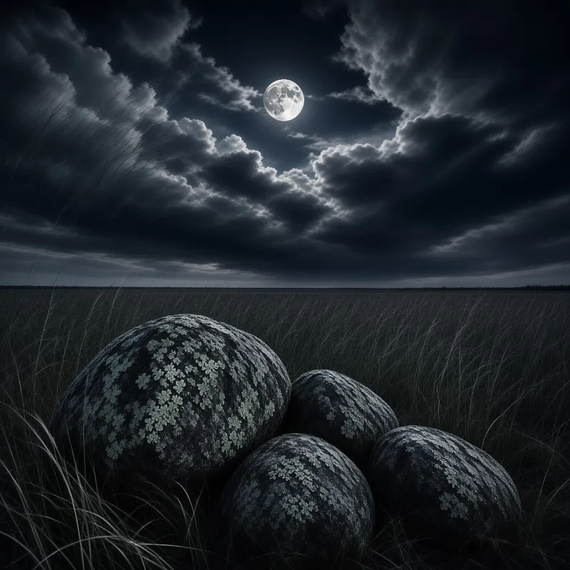 Four large mossy boulders rest in dark grass under a cloudy night sky featuring a bright full moon.