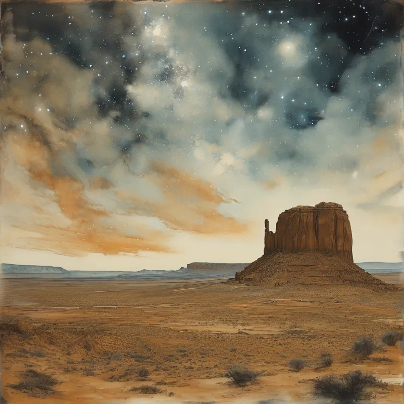 A solitary mesa rises from the flat desert floor beneath a sky filled with stars and swirling clouds