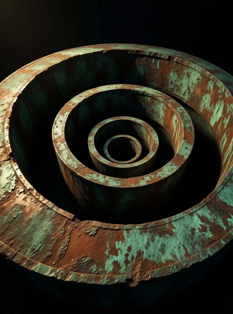 Rusted patinated nested bronze rings sit on a black background, lighting showing their rough uneven corroded textures.