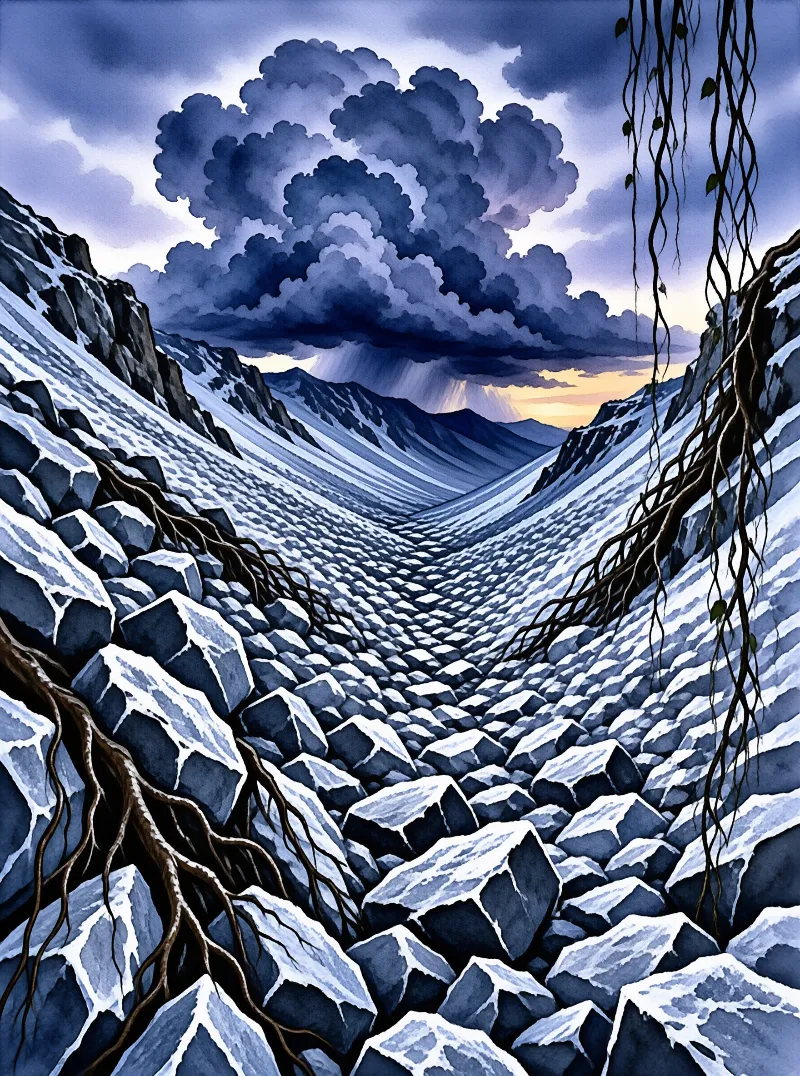 A watercolor scene of a boulder-filled mountain streambed framed by hanging roots beneath a towering storm cloud.