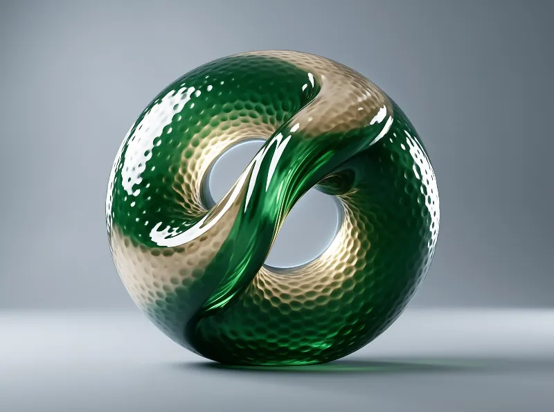 A glossy green and gold twisted sphere with a dimpled surface rests on a neutral gray background.