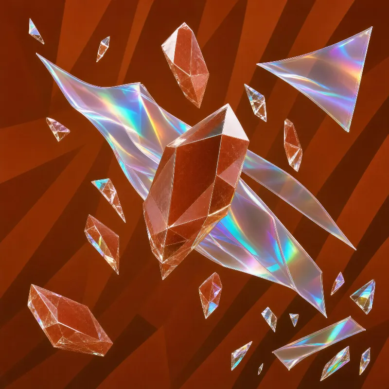 An assortment of crystalline structures, displaying iridescent light across their surfaces against a background of bold dark and warm striped patterns