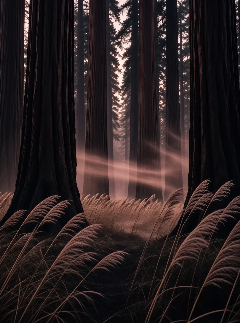 Towering redwood trunks rise through foggy forest as soft light rays filter between them above tall feathery grass.