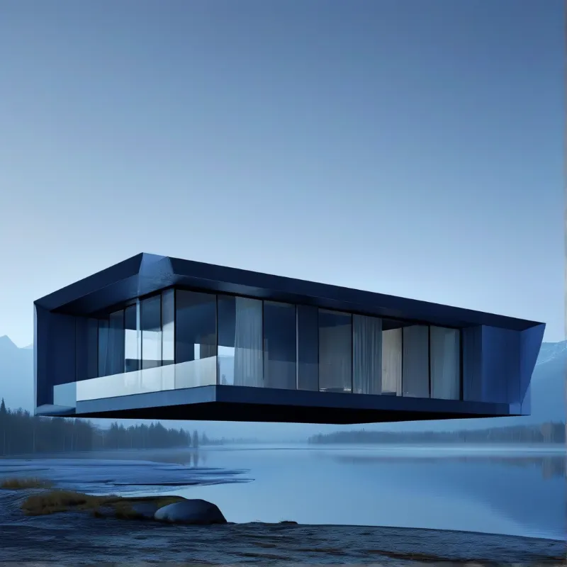 A dark geometric building hovers above a calm lake surrounded by misty mountains and trees during twilight.