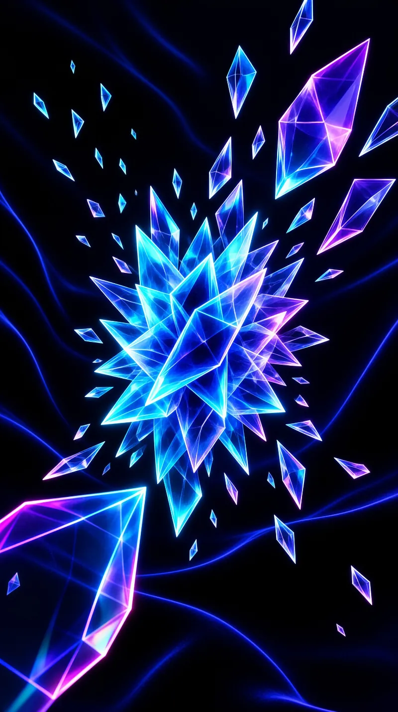 Glowing blue and purple crystal fragments burst from a bright central cluster against a dark field with curving blue lines.