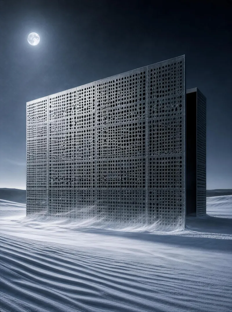 A large perforated concrete structure stands in a vast, snow-blanketed landscape beneath a glowing full moon, with wind streaking snow across the ground.